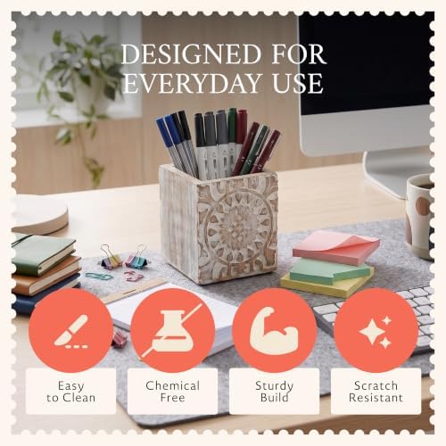 Mela Artisans Serena Mango Wood Pen Holder - Whitewash, 4x3.5 in