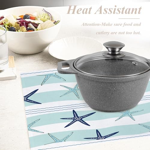 Shrahala Duotone Blue Nautical Starfish Placemats, Dark Blue Coastal Stripe Table Mat Linen Burlap Washable Double-Deck Heat Insulation for Dining Table Kitchen Table Set of 4 (12 x 18 inch)