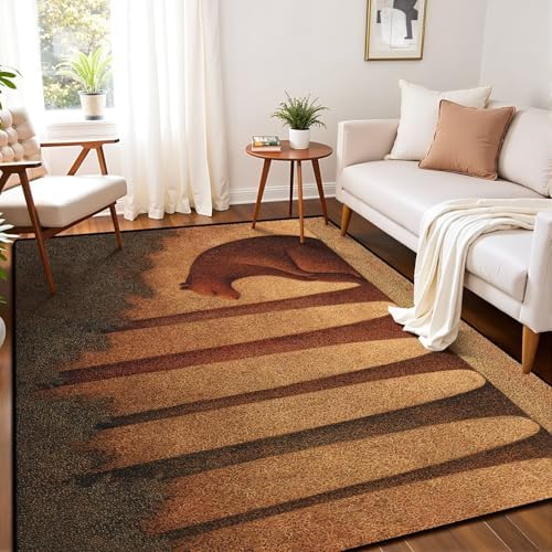 Serene Bear Pine Trees Tranquil Nature Landscape Art Area Rug Outdoor Patio Rug Play Mat Modern Floor Carpet Non-Slip Home Decor Living Room Kids Bedroom Nursery, 6x9 ft