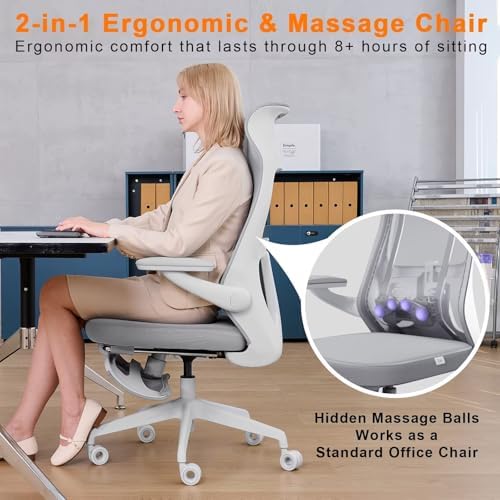 KRAZE Massage Office Chair Ergonomic High-Back Mesh Desk Chair, Light Gray