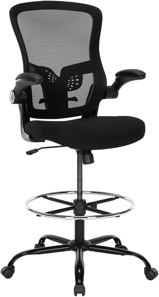 Drafting Chair,Tall Office Chair, Ergonomic Standing Desk Chair with Flip-up Armrests,Mid-Back Counter Height Computer Task Chair with Lumbar Support and Adjustable Footrest Ring,Black
