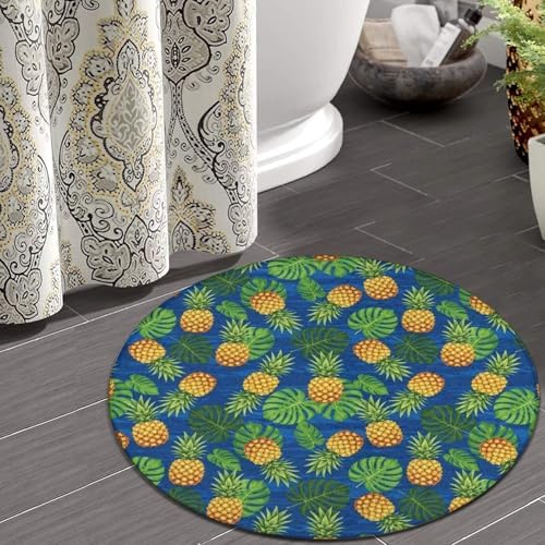 Fashion Round Area Rug Large Non Slip Carpet, Tropical Banana Palm Leaves Pineapples Unisex Home Decor Mat, 36inch