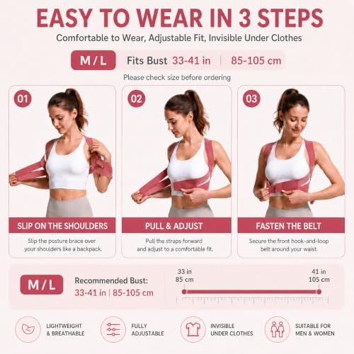Back Brace Posture Corrector for Women, Adjustable Shoulder Support Strap, Invisible Back Straightener, Lightweight Breathable Posture Support for Daily Comfort, Office and Home Use, Large