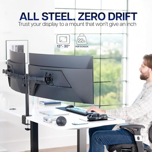 VIVO Dual Ultrawide Monitor Desk Mount, Heavy Duty Fully Adjustable Steel Stand, Holds 2 Computer Screens up to 38 inches and Max 22lbs Each, Black, STAND-V038