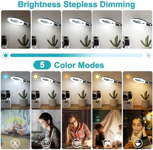10X Magnifying Glass with Light and Clamp, 5 Color Modes Stepless Dimmable Lighted Magnifier with Stand, Flexible Gooseneck LED Desk Lamp Hands Free for Craft Painting Hobby Close Work - Blue