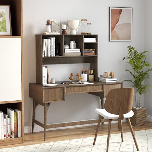 GIANTEX Desktop Bookshelf, Countertop Storage Hutch with 4 Shelves for Computer Desk, Dressing Tabletop Display Rack, Multipurpose Desk Hutch Storage Organizer for Home Office Dorm (Grey Oak)