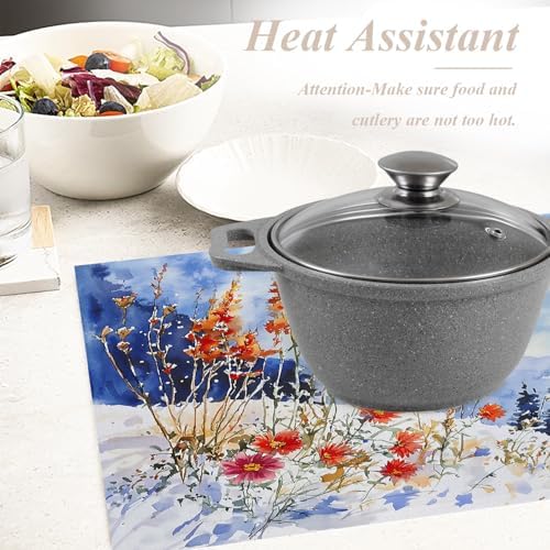 Shrahala Winter Flowers Landscape Set Of 4 12 X 18 Inch Linen Placemats , Red Orange Watercolor Poppies Burlap Table Mat Washable Double Layered Heat Insulation For Indoor/Outdoor