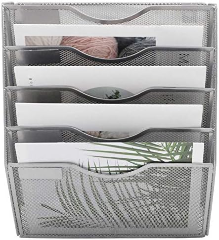 EASEPRES 5 Pocket Mesh Hanging Wall File Organizer, Wall Mounted Mail Paper Document Folder Holder, Clipboard Storage Organization Magazine Rack with Nametag Label for Office Home School, Silver
