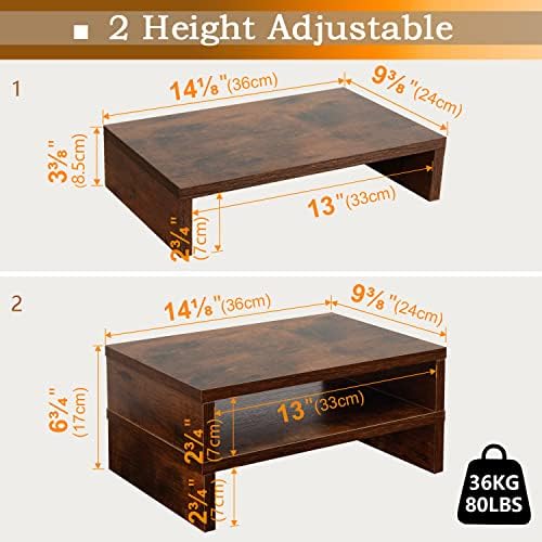 TEAMIX 2-Pack Wood Monitor Riser, Desk Stand for 2 Monitors, Rustic Brown