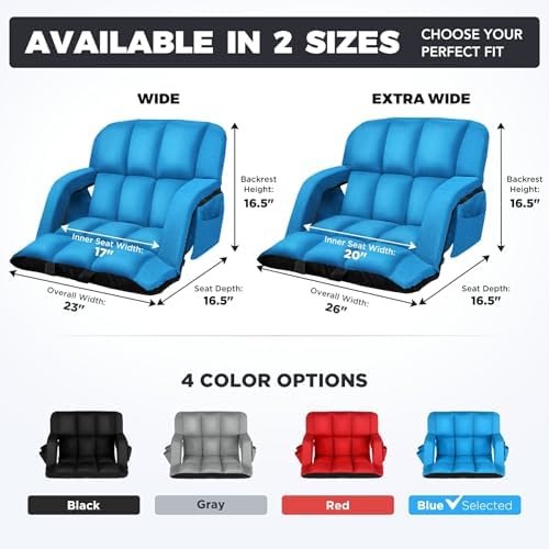 Stadium Seats with Back Support Wide, 4.7" Padded Bleacher Seat, 6-Position Reclining Bleacher Chairs with Back and Cushion, Sofa Style Ergonomic Design for Sports Games Baseball Football (25"Blue)