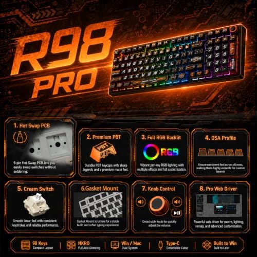 RK ROYAL KLUDGE R98 Pro Wired Mechanical Keyboard, RGB PC Gaming Keyboard with Number Pad and Volume Knob, dye Sublimation DSA Profile Pudding Keycaps, for Win/Mac, Hot Swappable Linear Cream Switch