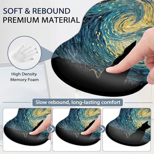 Starry Night Wrist Rest Support for Mouse Pad Keyboard Set, Cat Mouse Pad with Non Slip Rubber Base for Home and Office Typing Support