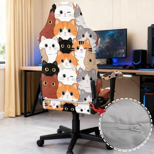 Cartoon Cats Print Gaming Chair Cover Stretchable 4 Piece Furniture Protector Non Slip Breathable Gaming Chair Slipcover with Armrest Covers