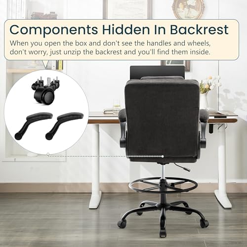 Drafting Chair 500Lbs, Tall Office Chair for Standing Desk, Fabric Executive Office Chair with Flip-up Armrests, Ergonomic High Chair with Adjustable Foot Ring, Comfy Stool Chairs, Black