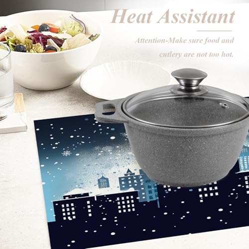 Shrahala Winter City Silhouette Placemats, Urban Falling Snowflakes Table Mat Linen Burlap Washable Double-Deck Heat Insulation for Dining Table Kitchen Table Set of 4 (12 x 18 inch)