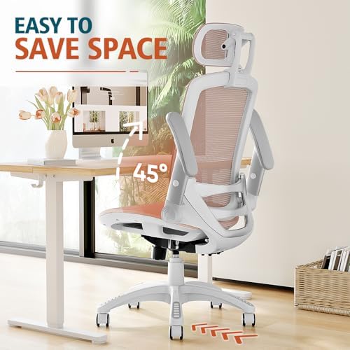 GABRYLLY Ergonomic Office Chair, High Back Home Desk Chair with 2D Flip-Up Arms, 3D Headrest, 90-120° Tilt and Wide Cushion, Big and Tall Mesh Chairs for Man Woman, White Computer Task Chair Pink