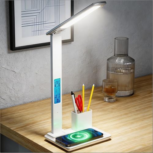 AYI Multifunctional Wireless Charging Desk Lamp – 15W Fast Charger, Digital Alarm Clock & Temp Display, 3CCT 5-Level Dimming, Touch Control, 180° Rotatable LED Lamp, HYT1771 White.