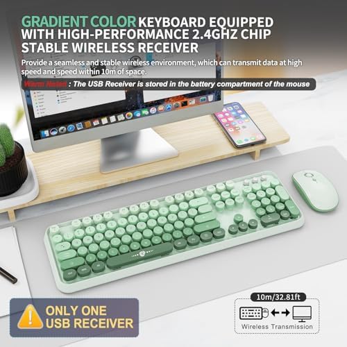 FOPETT Wireless Keyboard and Mouse Combo, 104 Keys Full-Sized 2.4 GHz Round Keycap Colorful Keyboards, USB Receiver Plug and Play, for Windows, Mac, PC, Laptop, Desktop (GradientGreen)