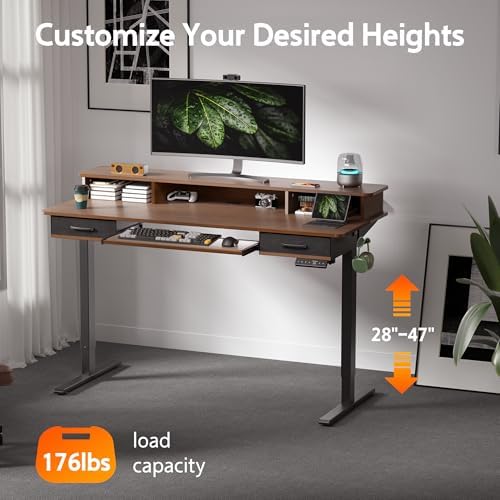 WALKINGDESK 55 Inches Electric Standing Desk with Keyboard Tray, Height Adjustable Sit to Stand Table with 2 Drawers, Ergonomic Home Office Desk with Storage Shelf, Computer Table, Black Walnut