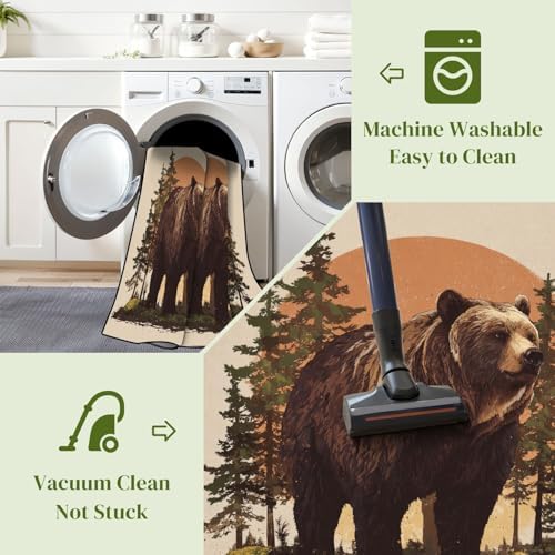 Serene Bear Standing Tall Pine Forest Warm Earth Tones Area Rug Outdoor Patio Rug Play Mat Modern Floor Carpet Non-Slip Home Decor Living Room Kids Bedroom Nursery, 6x9 ft