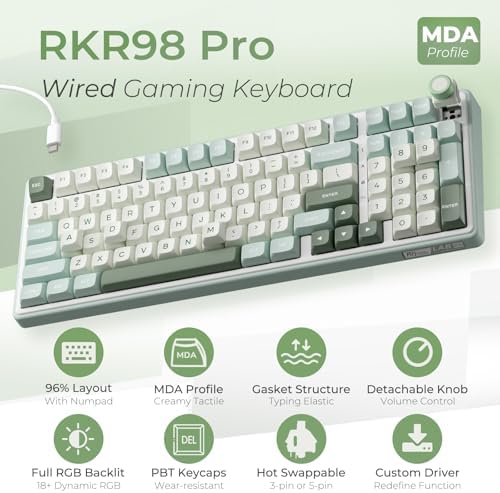 RK ROYAL KLUDGE R98 Pro Wired Mechanical Keyboard, RGB PC Gaming Keyboard with Number Pad and Volume Knob, Gasket Mount, MDA Profile PBT Keycaps, for Win/Mac, Hot Swappable Linear Cream Switch