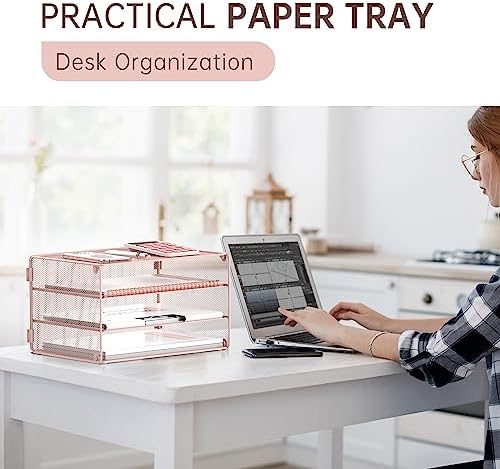 DALTACK 3 Tier Letter Tray Paper Organizer with Sliding Mesh Trays Pink