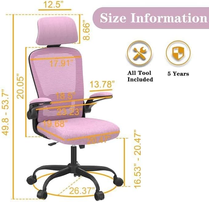 Ergonomic Office Chair for Long Hours Sitting – Back & Neck Pain Relief, Adjustable Lumbar Support & Headrest, High-Density Foam Seat, Ideal for Work & Home Office, Light Purple