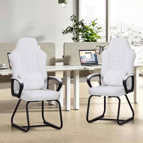 Leather Office Guest Chair No Wheels High Back Computer Reception Chairs with Padded Arms Waist Pillow for Gaming Meeting Conference Waiting Room, White