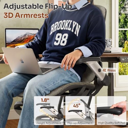Ergonomic Office Chair with Footrest – High Back Executive Mesh Desk Chair for Corporate & Home, 135° Recline Task Computer Chair with Flip-Up Arms, Wide Seat, Class-4 Cylinder, 300 LBS - GY01BC-FT