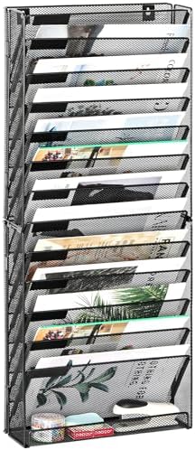 EasyPAG Wall File Holder 14 Tier Mesh Hanging Folder Organizer with Flat Tray Wall Mounted Mail Organizer Magazine Paper Desk Shelf with Nametag Label for Office Home School, Black