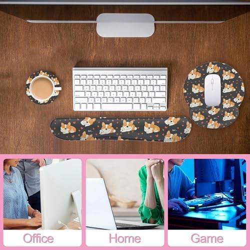 Cute Funny Corgi Dog Keyboard Wrist Rest Pad and Mouse Pad Wrist Support Set,3-in-1 Ergonomic Mouse Pad with Non-Slip Rubber Base for Home Office Game Computers Desk,