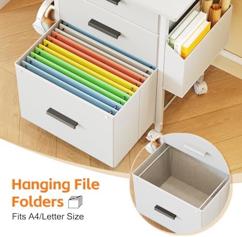 Mexin 3 Drawer File Cabinet with 22'' Extended Desktop, Mobile Filing Cabinet, Printer Stand, Rolling Printer Stand with Side Bag, Fabric Drawer, Fits A4 Size, Home Office, White