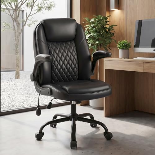 MALOL Leather Office Chair, Home Desk Chair with Flip-up Arms, Black