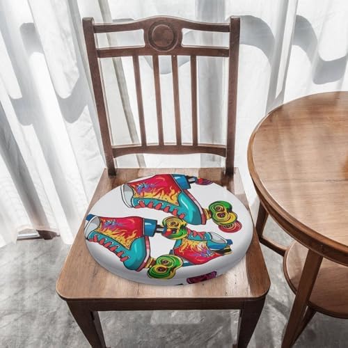 Colorful Roller Skates Round Memory Foam Seat Cushion with Removable Polyester Cover, Soft Breathable Slow Rebound Comfort Chair Pad for Dining Office Patio Kitchen and Home Furniture