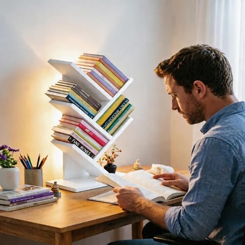 Godferyxin Small Bookshelf with Liting,5-Tier Desktop White Bookshelf LED