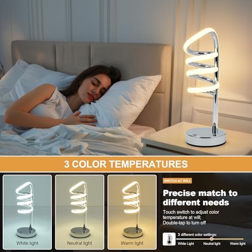 Modern Spiral Table Lamp for Bedside Nightstand Touch and Remote Dual Control, 3 Color Temperatures and Dimming Mountain-Winding Road Shape Led Desk Light Yarra-Decor Nuur Lamps - Silver