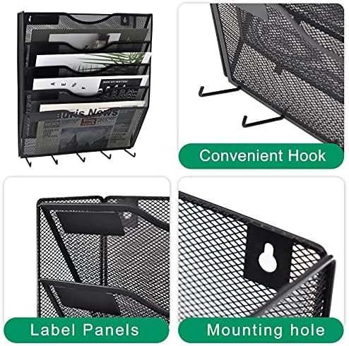 EASEPRES 5 Pocket Mesh Hanging File Organizer with Key Holder Hooks & Nametag Label, Wall Mounted Mail Paper Document Folder Storage Organization Magazine Rack for Office Cubicle, 5 Tier Black