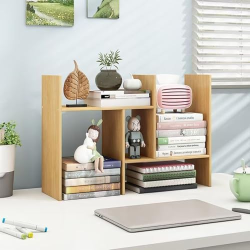 Desktop Shelf Organizer, Adjustable Wood Office Storage Rack, Counter Display Small Bookshelf for Home/Office/School(Light Walnut)