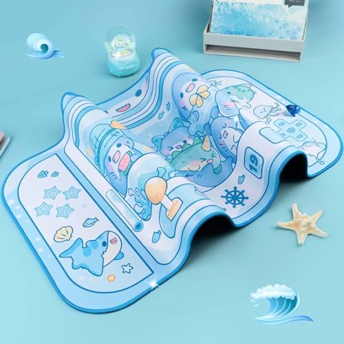 BelugaDesign Shark Desk Pad | Cute Pastel Large Mouse Pad | Cutecore Ocean Switch Anime Keyboard Gaming Mousepad | Machine Washable Nonslip Desk Blotter Protector for Kids Teens and Women (Blue White)