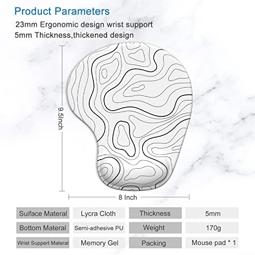 ITNRSIIET Ergonomic Mouse Pad with Gel Wrist Support Wrist Rest Smooth Surface Non-Slip PU Base Comfortable Office Supplies Pain Relief, 9.5 x 8 inches, Topographic Contour White