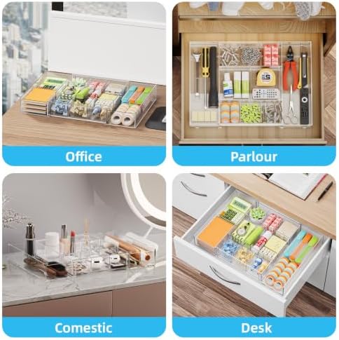 Marbrasse Expandable Desk Drawer Organizer, Clear Plastic Drawer Organizer Tray with 10 Adjustable Compartments, Desk Organizers and Accessories, 5 Drawer Dividers for Office Supplies, Makeup(Clear)