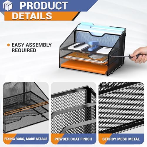 GAWERK Letter Tray Organizer, Mesh Desk File Organizer with 3 Paper Trays and 2 Vertical Upright Section (Purple)