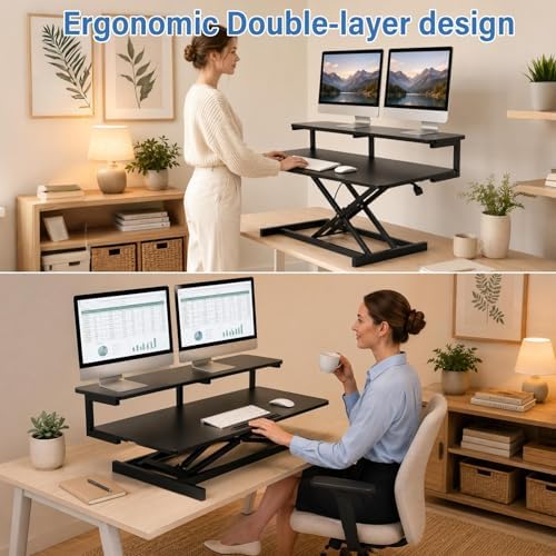 37" Height Adjustable Standing Desk Converter, 4.9" to18.5 Height Adjustable Sit Stand Up Desk Riser with Secondary Desks, Desktop Workstation Riser for Home Office Computer Laptop, Black
