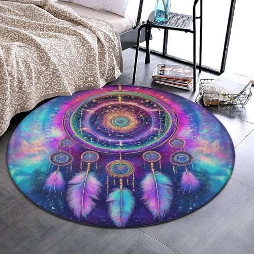 Room Sofa Yoga Soft Round Carpet, Home Decor Non Slip Kitchen Office Circle Rug, Machine Washable Modern Round Area Rug Colorful Purple Blue Galaxy Dream Catcher Art, 60inch