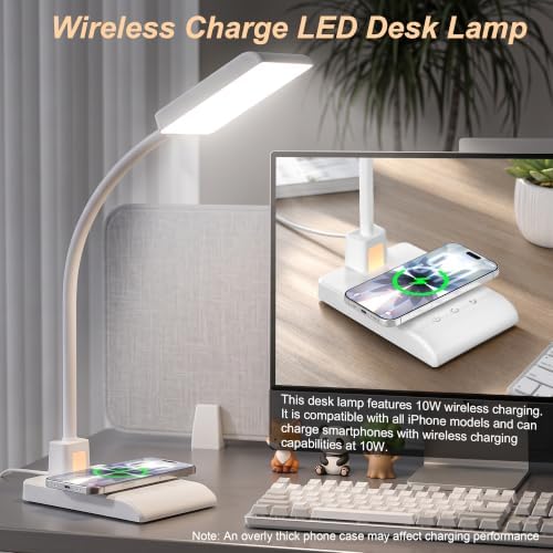 Desk Lamp with Wireless Charger LED Desk Lamps for Home Office White CRI90+