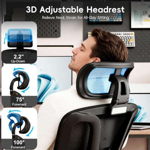 Vonesse Ergonomic Office Chair with Footrest, Desk Chairs with Dynamic Lumbar Support & Adjustable Depth Breathable Mesh Seat, Computer Gaming Chair with Adjustable 3D Headrest and Armrests (Black)