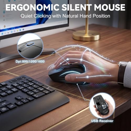 Wireless Keyboard and Mouse with Wrist Rest, 3 DPI Adjustable Mouse, 2.4G Lag-Free Cordless, Quiet and Soft Typing, Sleep Mode, Multimedia Keys, Compatible Windows Mac, Ideal for Business Home Office