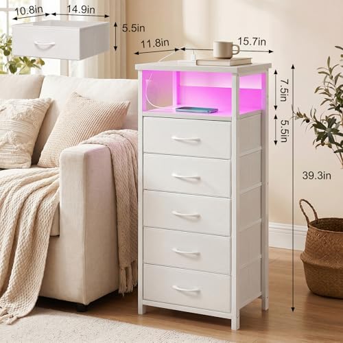 Fixwal Night Stand with Charging Station, White Led Nightstand, 5 Drawers