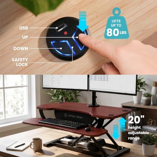 VERSADESK PowerPro 48 Inch Electric Standing Desk Converter – Push-Button Height Adjustable Sit to Stand Desk Riser for Multiple Monitors – Motorized Desktop Workstation with Wide Keyboard Tray