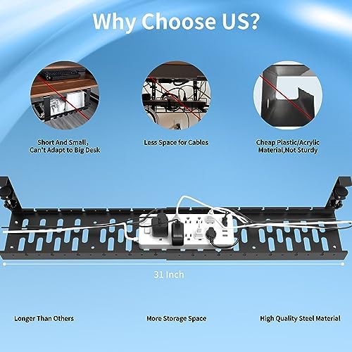 31Inch Extendable Under Desk Cable Management Tray, Black Metal Cable Management Tray Under Desk Cord Management with Clamp, 31 Inch x 4.33 Inch